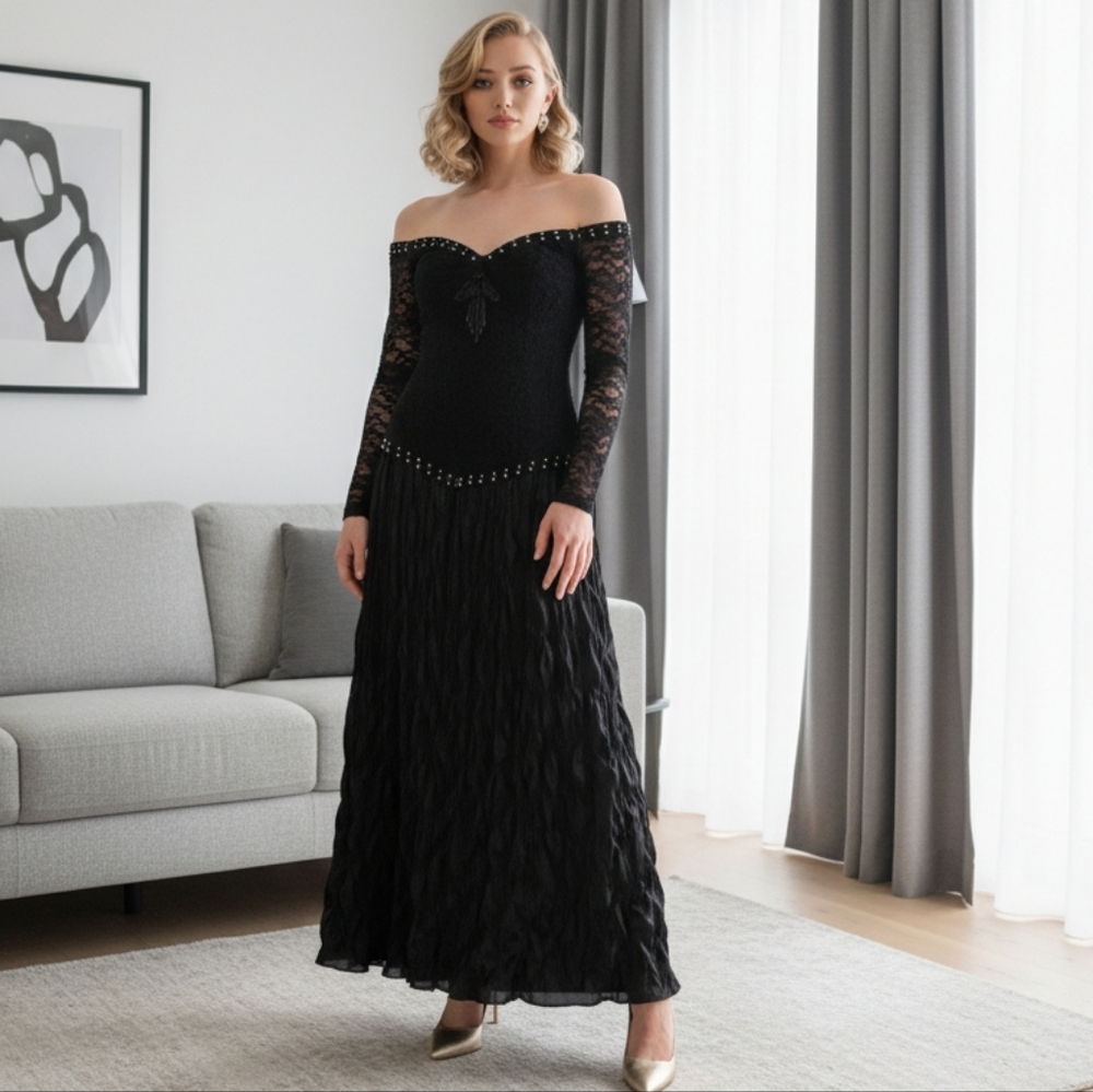 Troika Black Off The Shoulder Lace Whinsical Sleeves Tassels Maxi Dress M (31)